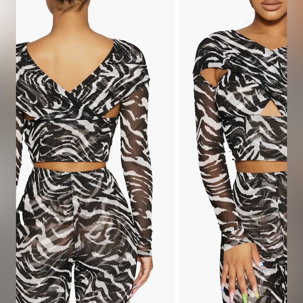 Cross Front Animal Print Mesh Crop Top - Picture 1 of 4